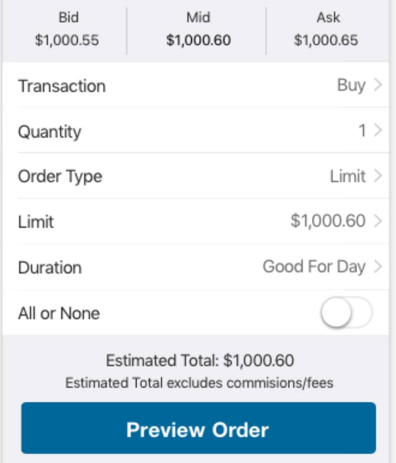Zoomed detail of the redesigned trade ticket: Quantity pre-filled to 1, Order Type Limit, Limit price at the mid ($1,000.60), and the Preview Order button beneath.