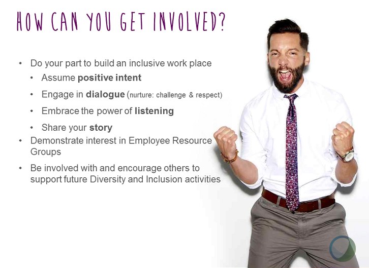 Ally internal banner titled 'How can you get involved?' with bullet points about building an inclusive workplace, and a photo of Colby in a white shirt and floral tie with both fists clenched in celebration.