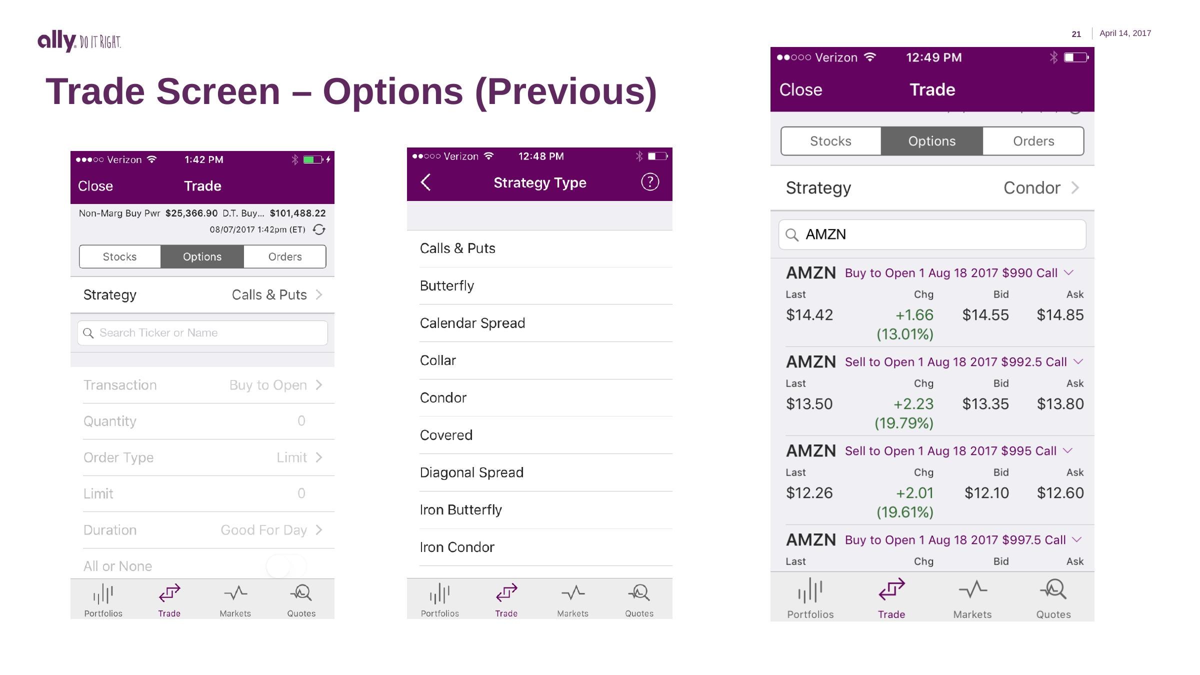 Slide: the previous options trade screens — a plain strategy list (Calls and Puts, Butterfly, Collar, Condor), a blank ticket with quantity zero, and a dense chain of AMZN option legs.