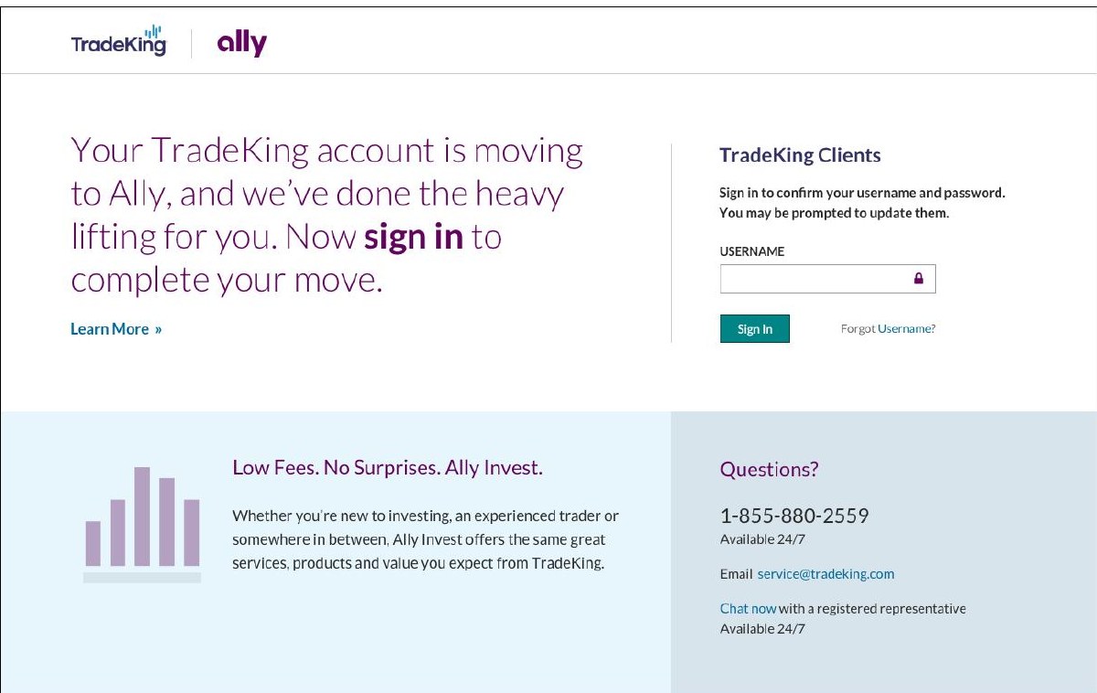 The tradeking.com conversion banner: 'Your TradeKing account is moving to Ally, and we've done the heavy lifting for you. Now sign in to complete your move' with a single username field and Sign In button.