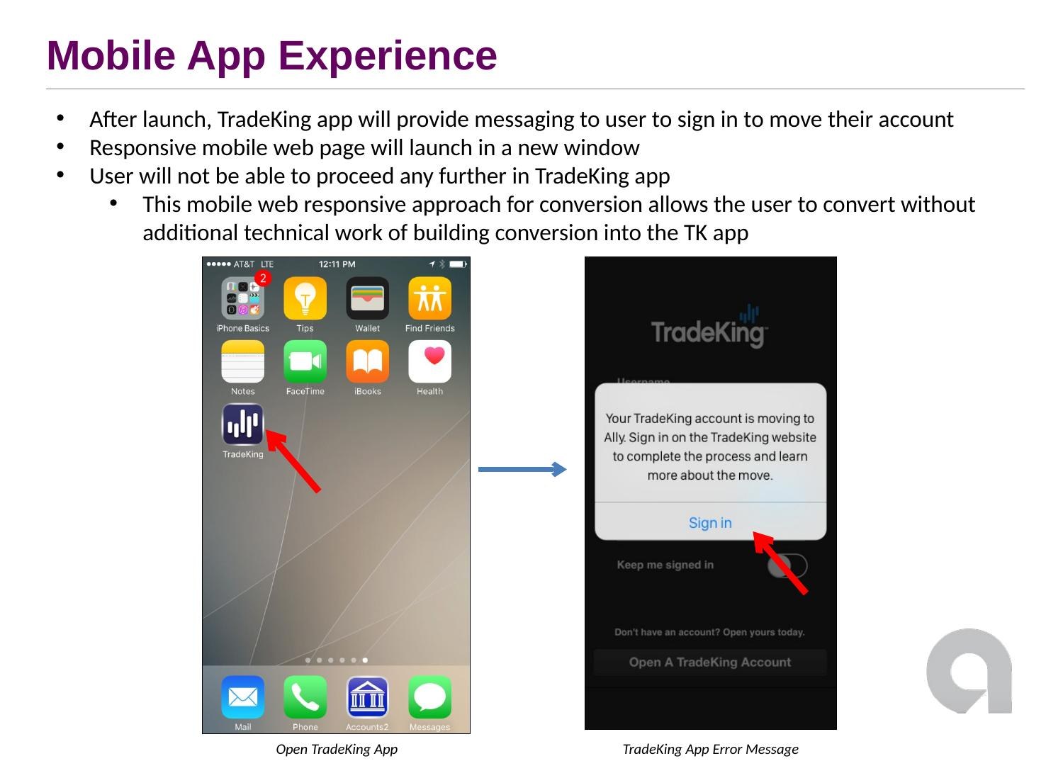 Slide: the TradeKing app on launch day showing the message 'Your TradeKing account is moving to Ally. Sign in on the TradeKing website to complete the process' — the app deliberately blocked from proceeding further.